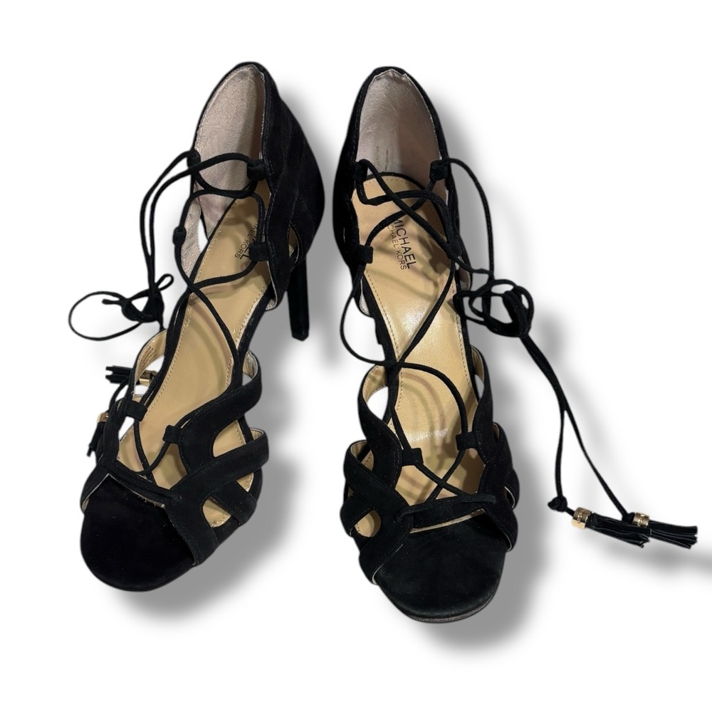 MICHAEL MICHAEL KORS Mirabel Black Suede Leather Strap Lace Up Heeled Sa…